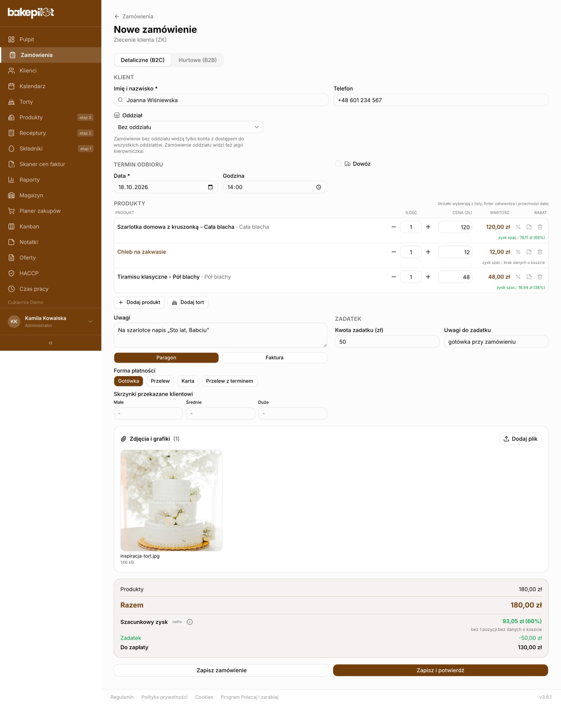 Formularz nowego zamówienia z przyciskiem Konfiguruj tort obok Dodaj produkt