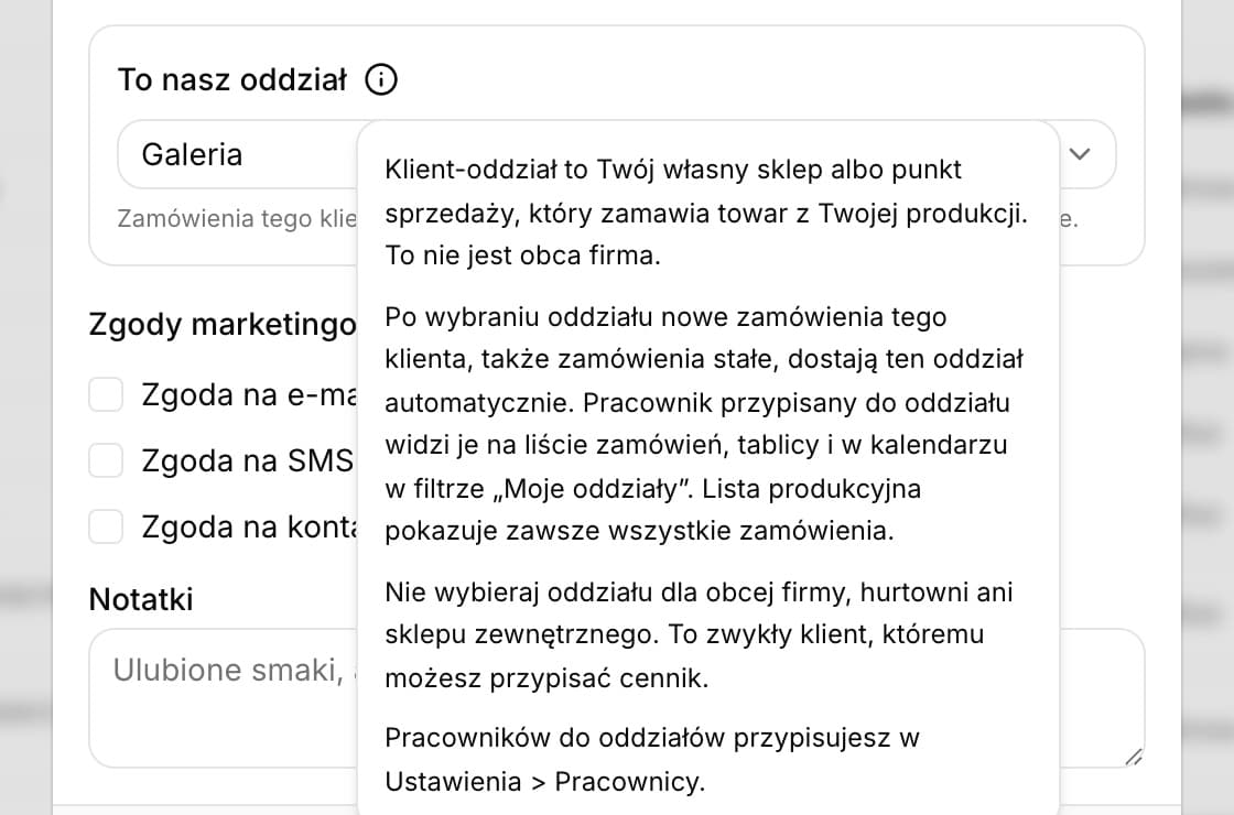 Okno klienta z polem To nasz oddział ustawionym na Galeria i rozwiniętą ikoną informacji Co to jest klient-oddział
