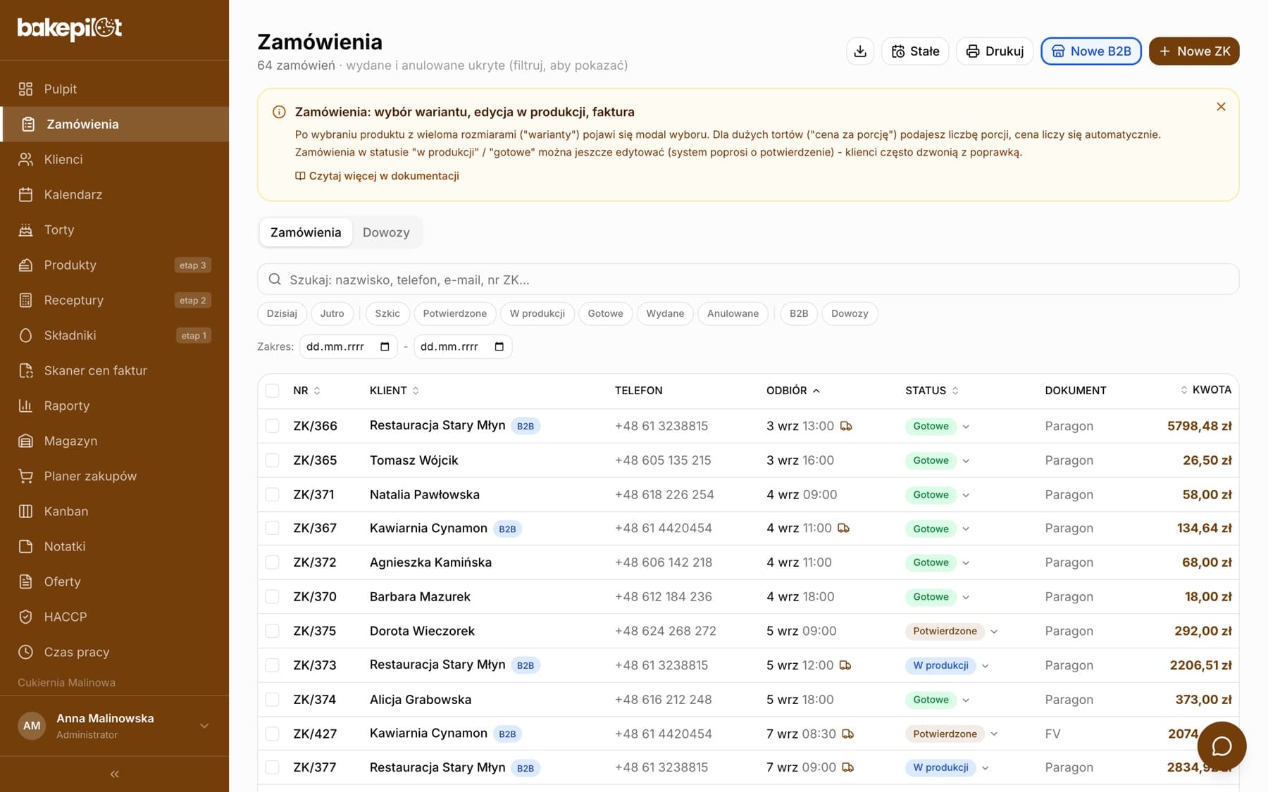Lista zamówień z wyszukiwarką, filtrami statusów, tabelą i przyciskami Stałe, Drukuj, Nowe B2B, Nowe ZK