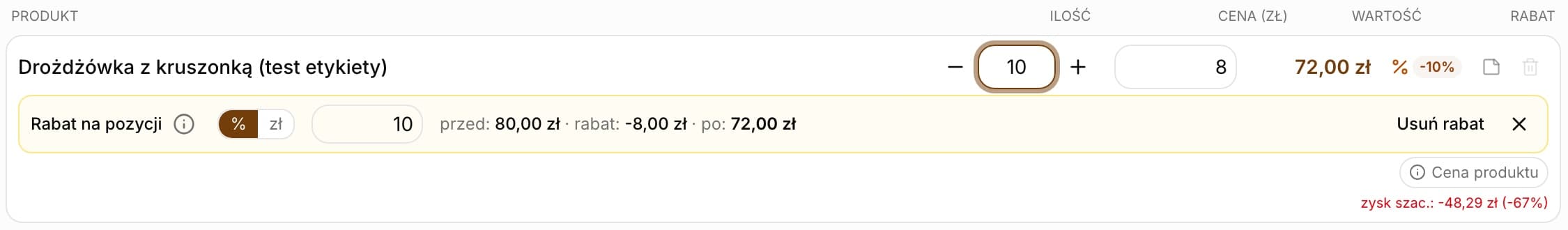 Pozycja zamówienia z ikoną procentu i odznaką „-10%” oraz rozwinięty pasek „Rabat na pozycji” z przełącznikiem „%” / „zł”, polem 10 i podglądem „przed: 80,00 zł · rabat: -8,00 zł · po: 72,00 zł”