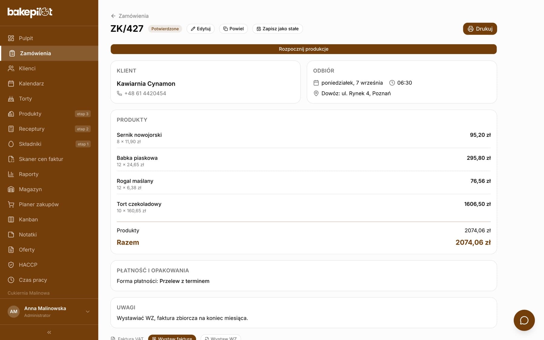 Szczegóły zamówienia hurtowego ZK/427 dla Kawiarni Cynamon z dowozem, formą płatności Przelew z terminem i przyciskiem Wystaw fakturę