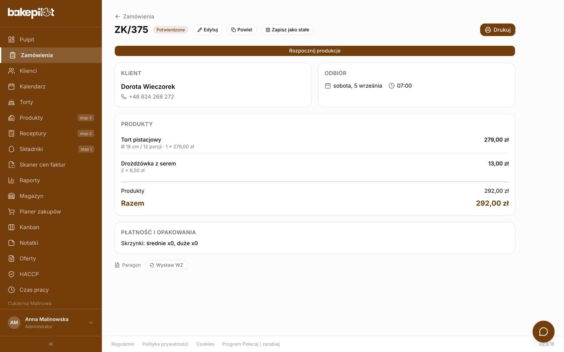 Szczegóły zamówienia ZK/375 z przyciskami Edytuj, Powiel, Zapisz jako stałe, Drukuj i przyciskiem Rozpocznij produkcję