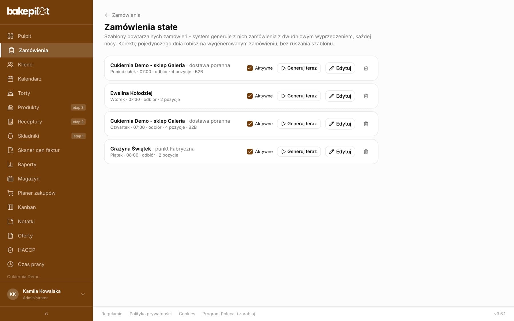 Lista zamówień stałych: cztery szablony z nazwą klienta, etykietą, dniem tygodnia, godziną, liczbą pozycji oraz polem Aktywne i przyciskami Generuj teraz, Edytuj i ikoną kosza