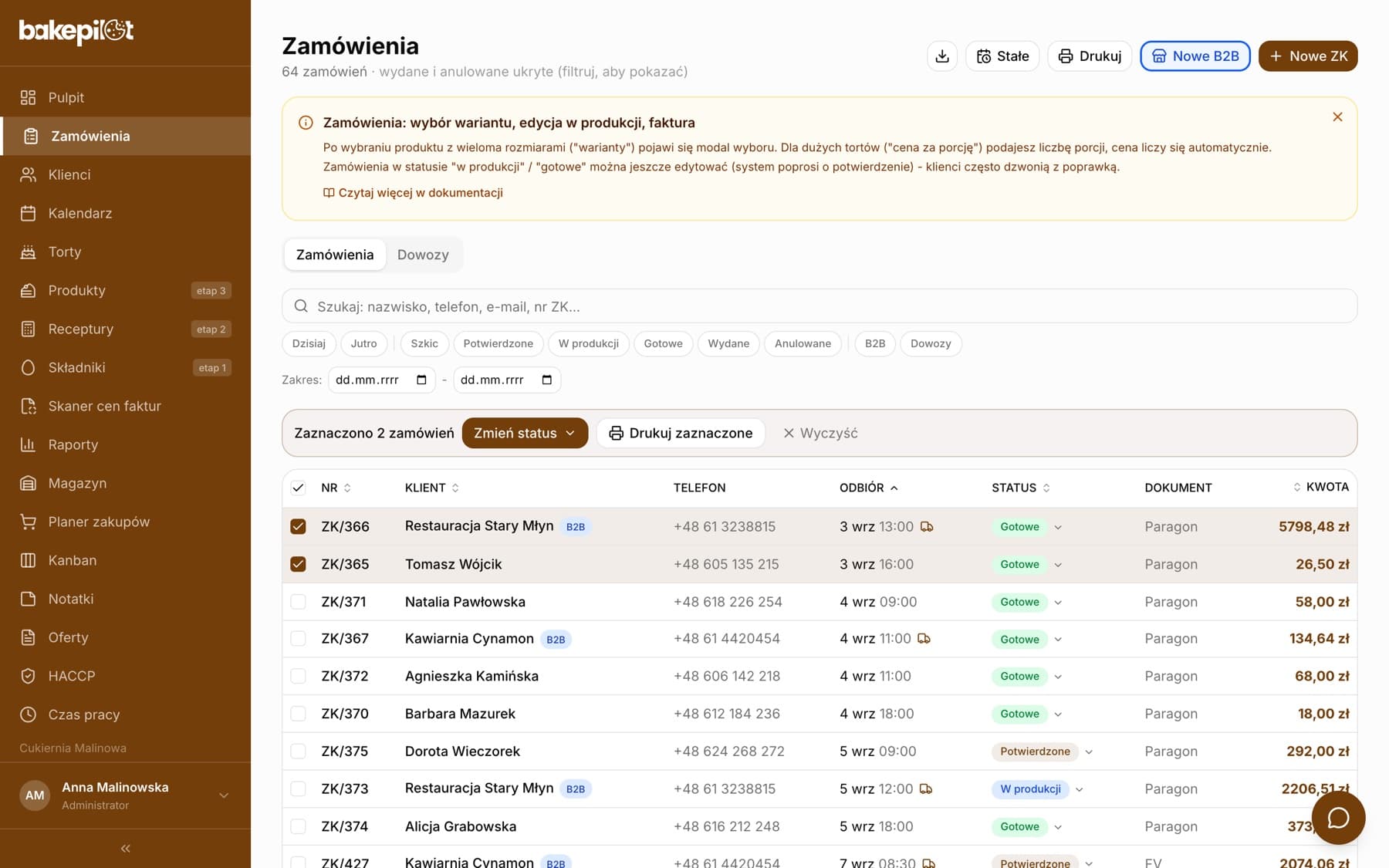 Lista zamówień z dwoma zaznaczonymi wierszami i paskiem Zaznaczono 2 zamówień, Zmień status, Drukuj zaznaczone, Wyczyść