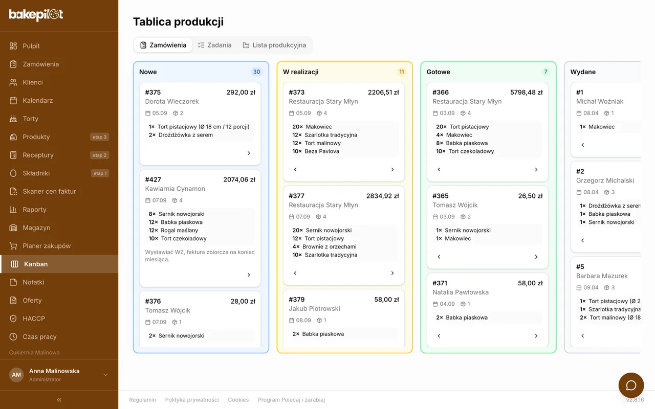 Tablica produkcji w BakePilot z zamówieniami według etapu