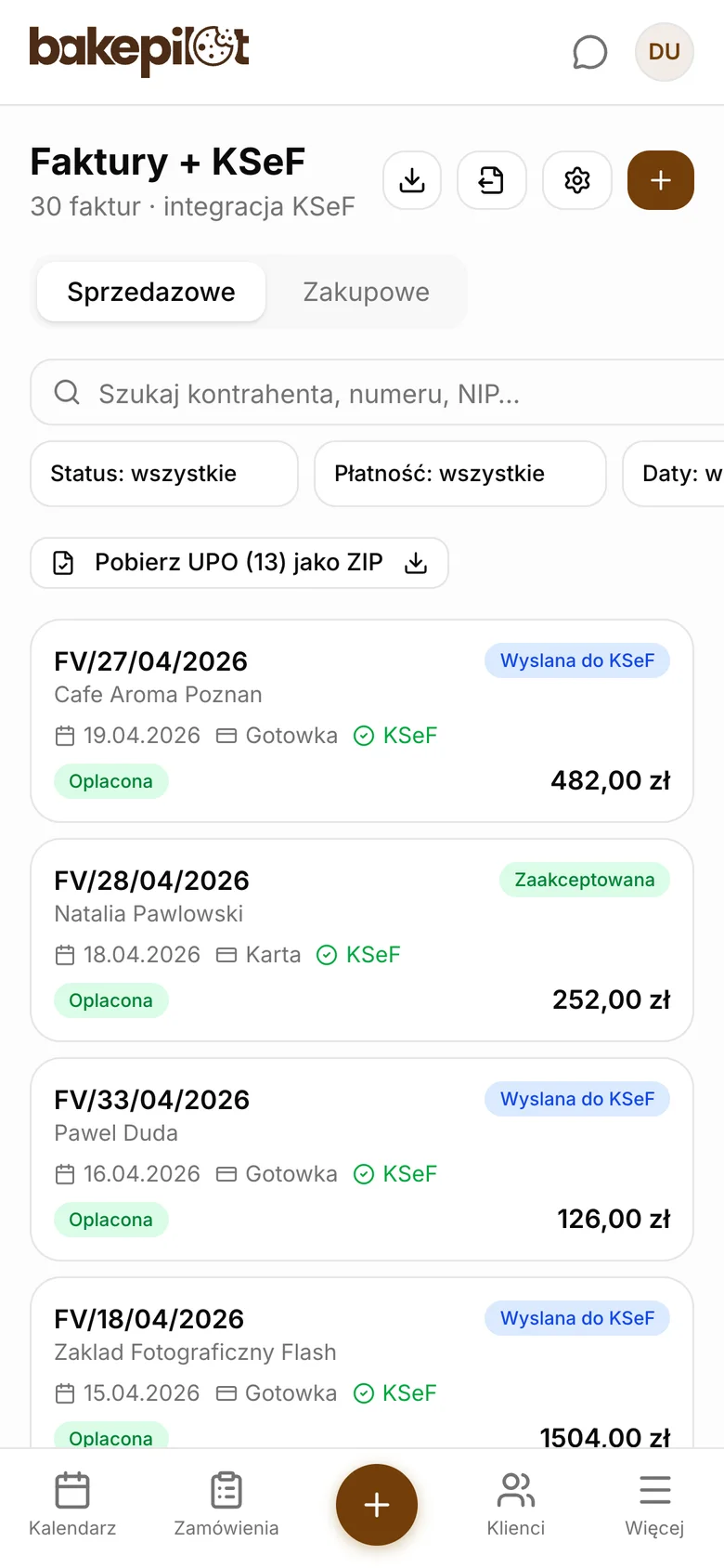 Faktury KSeF w programie dla cukierni na telefonie