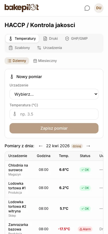 Rejestr temperatur HACCP w systemie dla piekarni