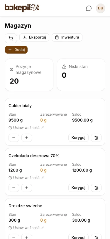 Stany składników w magazynie na telefonie