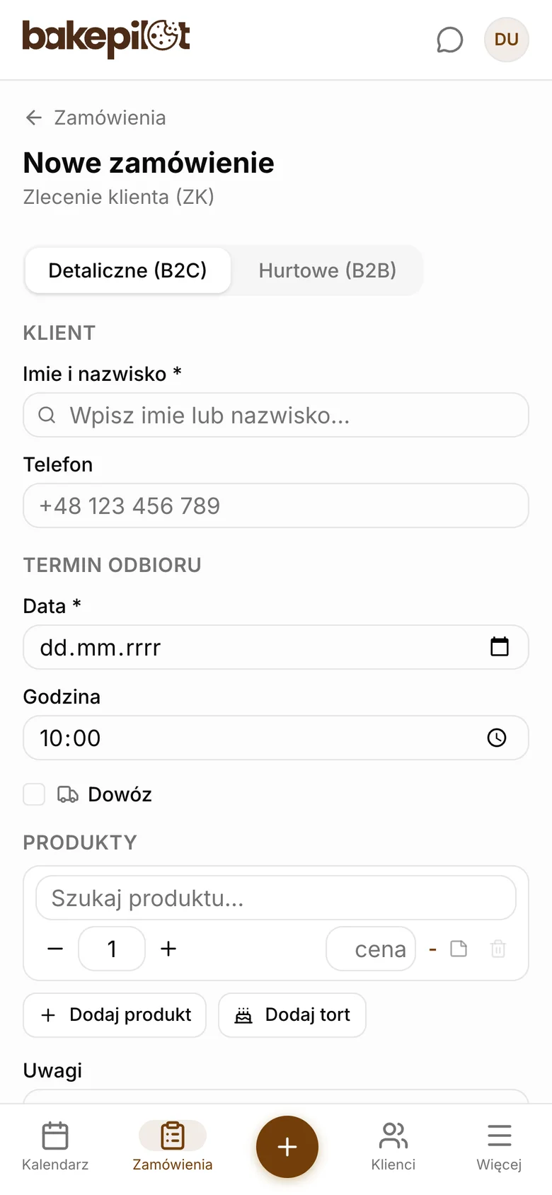 Dodawanie nowego zamówienia w aplikacji na telefonie