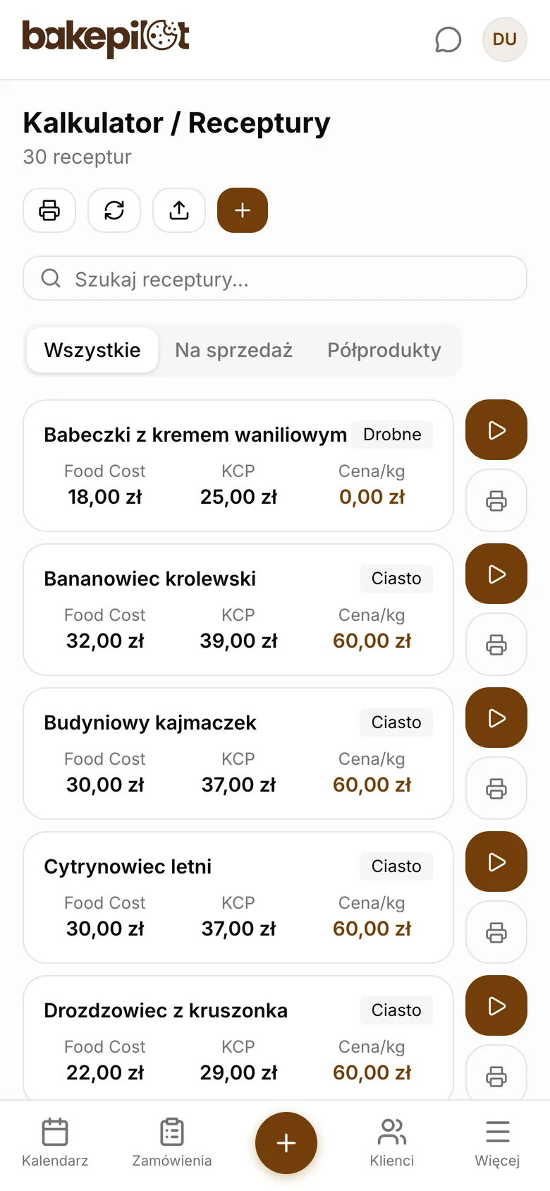 Receptura pieczywa z kosztem składników w systemie dla piekarni