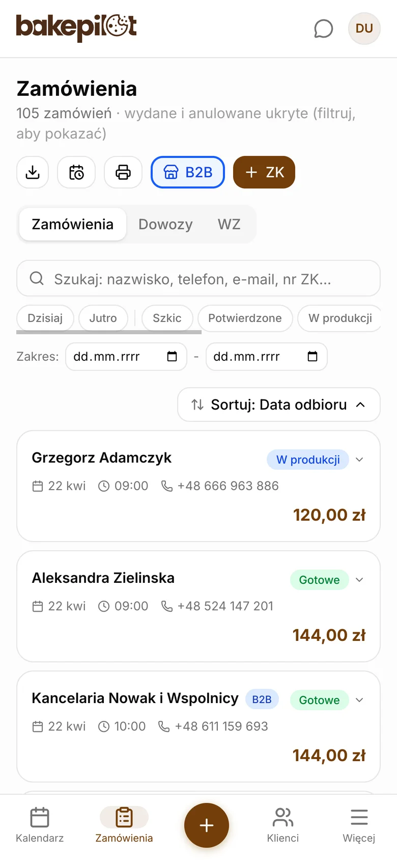 Lista zamówień w programie dla cukierni na telefonie